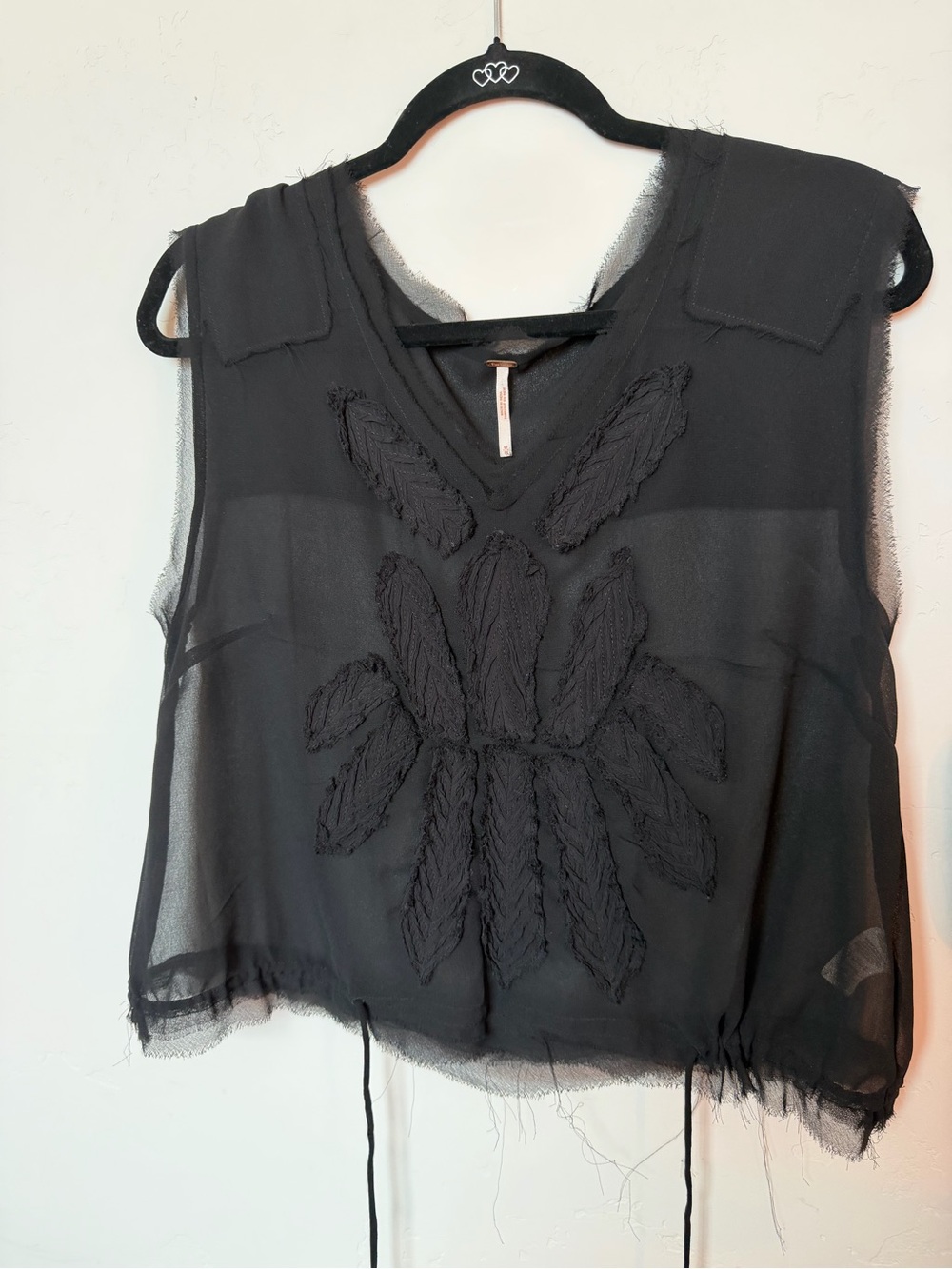 VINTAGE FREE PEOPLE - Black Sleeveless Embroidered Mesh Top